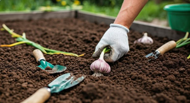 planting garlic in a raised bed